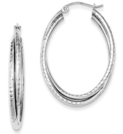 Sterling Silver Rhodium Plated Textured Fancy Oval Hoop Earrings Length 25mm