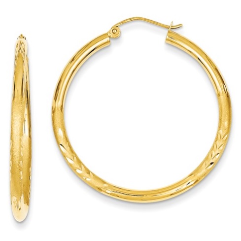 14k Satin and Diamond-cut Round Hoop Earrings - Waller & Company Jewelers