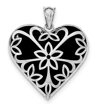 WQQP4493 Sterling Silver Rhodium-plated Onyx Heart Pendant