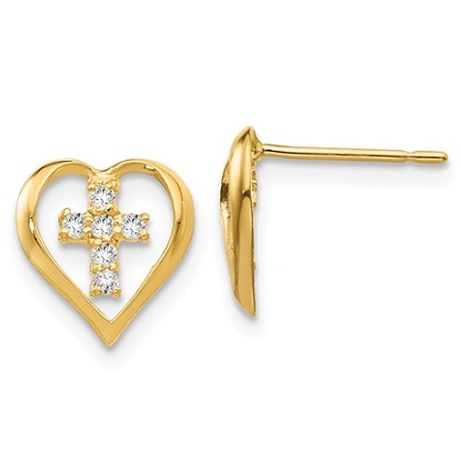 Approximate Measurements 8mm x 6mm Madi K 14K Two-Tone Gold Small Cross Heart Post Earrings