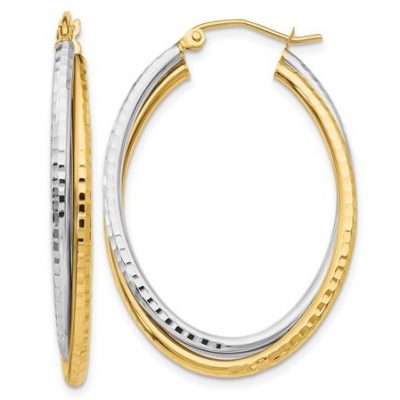 14k Two-tone Diamond Cut Polished Oval Hoop Earring
