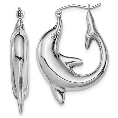 Sterling Silver Rhodium-plated Polished Dolphin Round Hoop Earrings