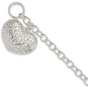 Sterling Silver Puffed Filigree Heart Toggle Bracelet