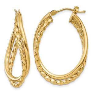 14K Textured and Polished Twist Oval Hoop Earrings
