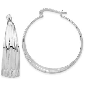 Sterling Silver RH-Plated Textured and Tapered LG Round Hoop Earrings