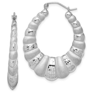 Sterling Silver Rhodium-plated Satin and D/C Shrimp Oval Hoop Earrings