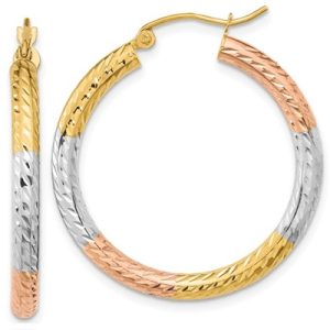 14K with White and Rose Rhodium Polished Diamond Cut Hoop Earrings