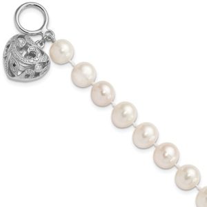 Sterling Silver Rhodium-plated 8-9mm White Near-Round Freshwater Cultured Pearl Heart Toggle 7.5 inch Bracelet