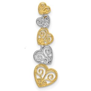 14K Two-tone Polished Filigree Vertical Hearts Chain Slide