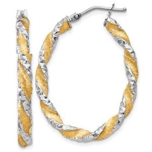 14k White Gold and Yellow Rhodium Twisted D/C Oval Hoop Earrings