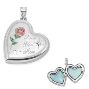 Sterling Silver Rhod-pl Brushed 1/20 carat Diamond Pink and Green Enameled Rose LOVE YOU MOM 24mm Heart Locket