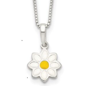 Sterling Silver Polished Yellow and White Enamel Flower Children's Necklace