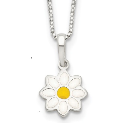 Sterling Silver Polished Yellow and White Enamel Flower Children's Necklace