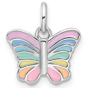 Sterling Silver RH-plated Multi-color Enameled Butterfly Children's Pendant
